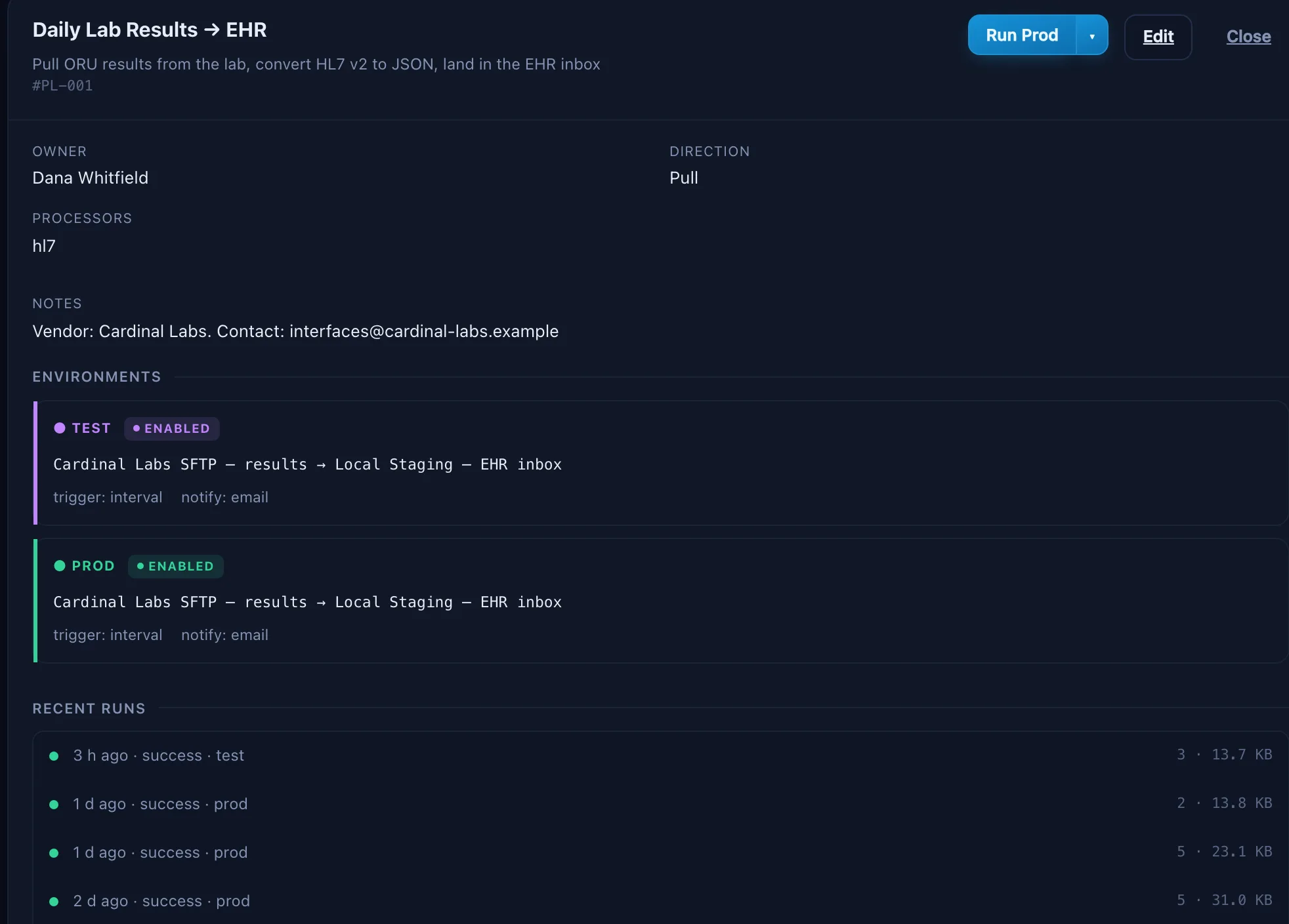 Relayrix pipeline detail: transfer route, Test and Prod environments, an HL7-to-JSON processor, and recent successful runs.