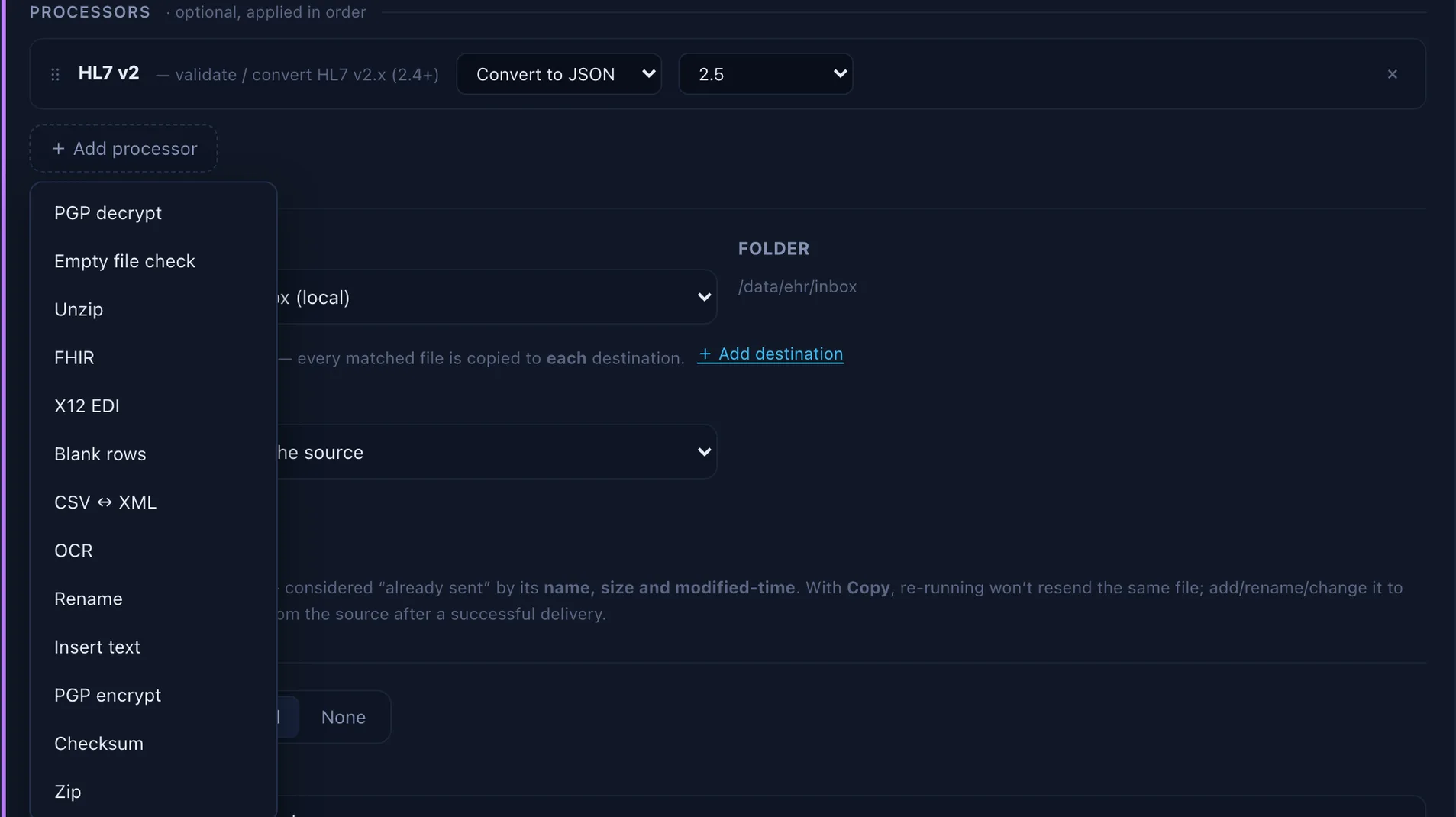 Relayrix pipeline builder with an HL7 v2 processor already added and the Add-processor menu open, listing PGP decrypt, Empty file check, Unzip, FHIR, X12 EDI, Blank rows, CSV↔XML, OCR, Rename, Insert text, PGP encrypt, Checksum and Zip.