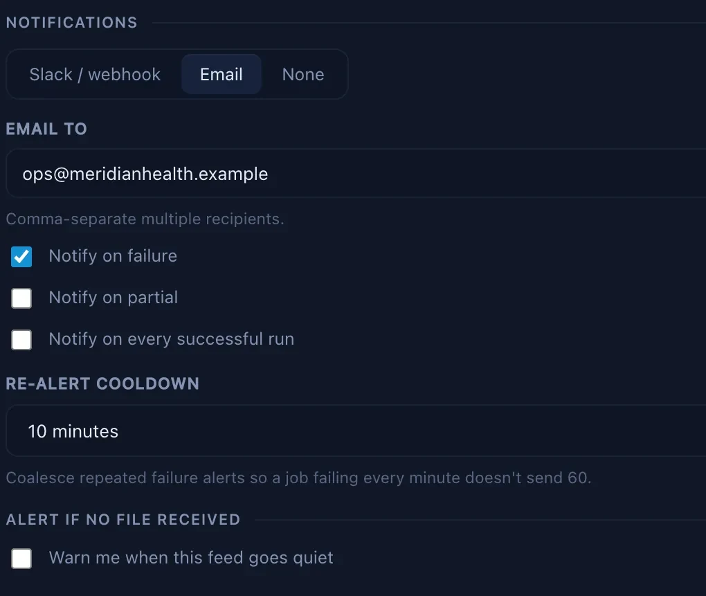Relayrix delivery and alerts configuration: email or a Slack / Teams / webhook alert, a re-alert cooldown, and a stale-feed alert.
